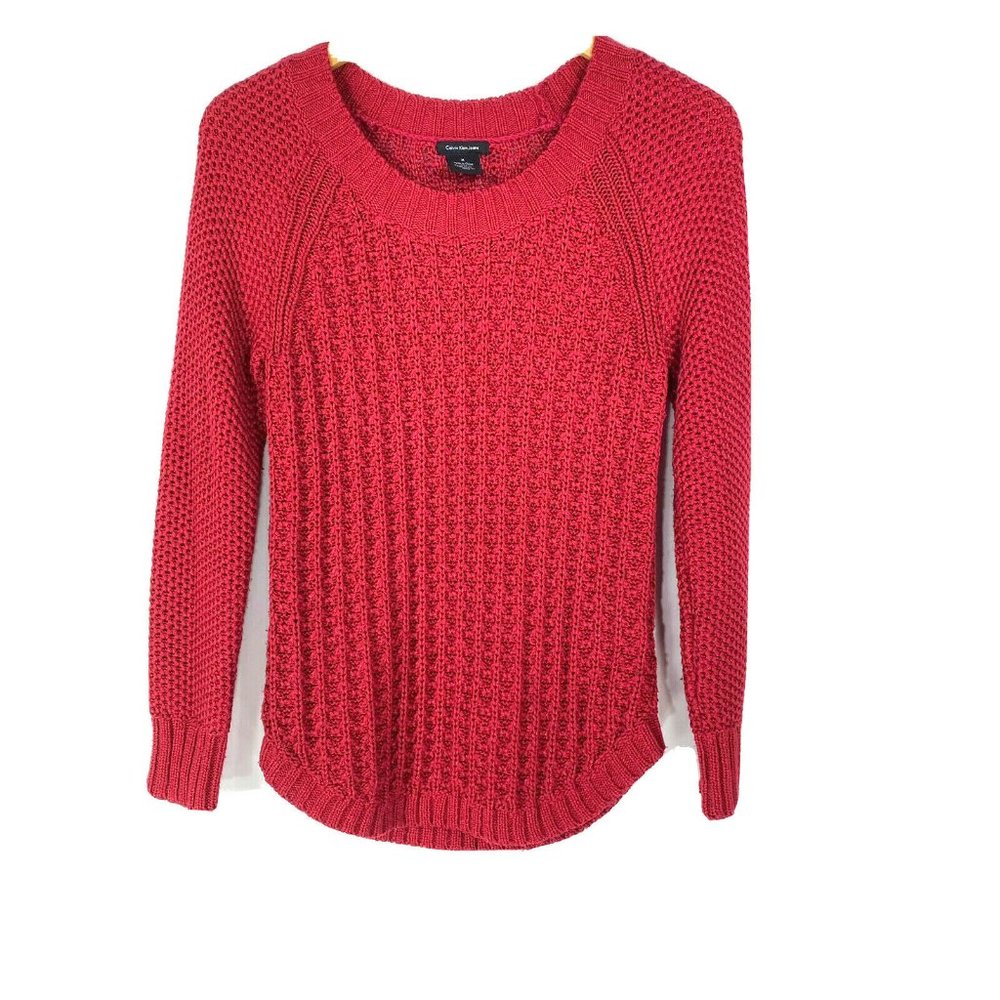 Calvin Klein Jeans M Medium Sweater Pullover Cranberry Red Open Knit Round Hem